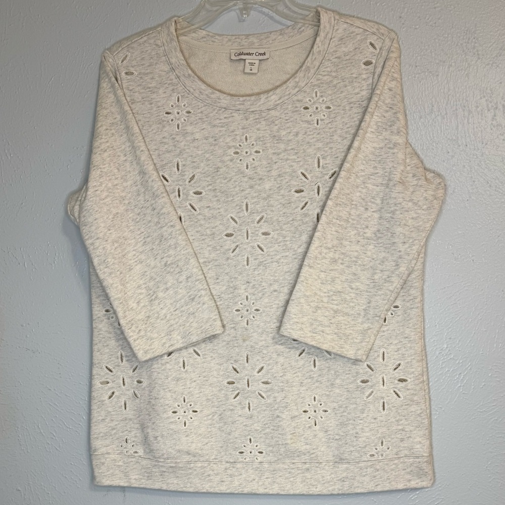 Coldwater Creek L (14) Heather Cream Eyelet Sweatshirt